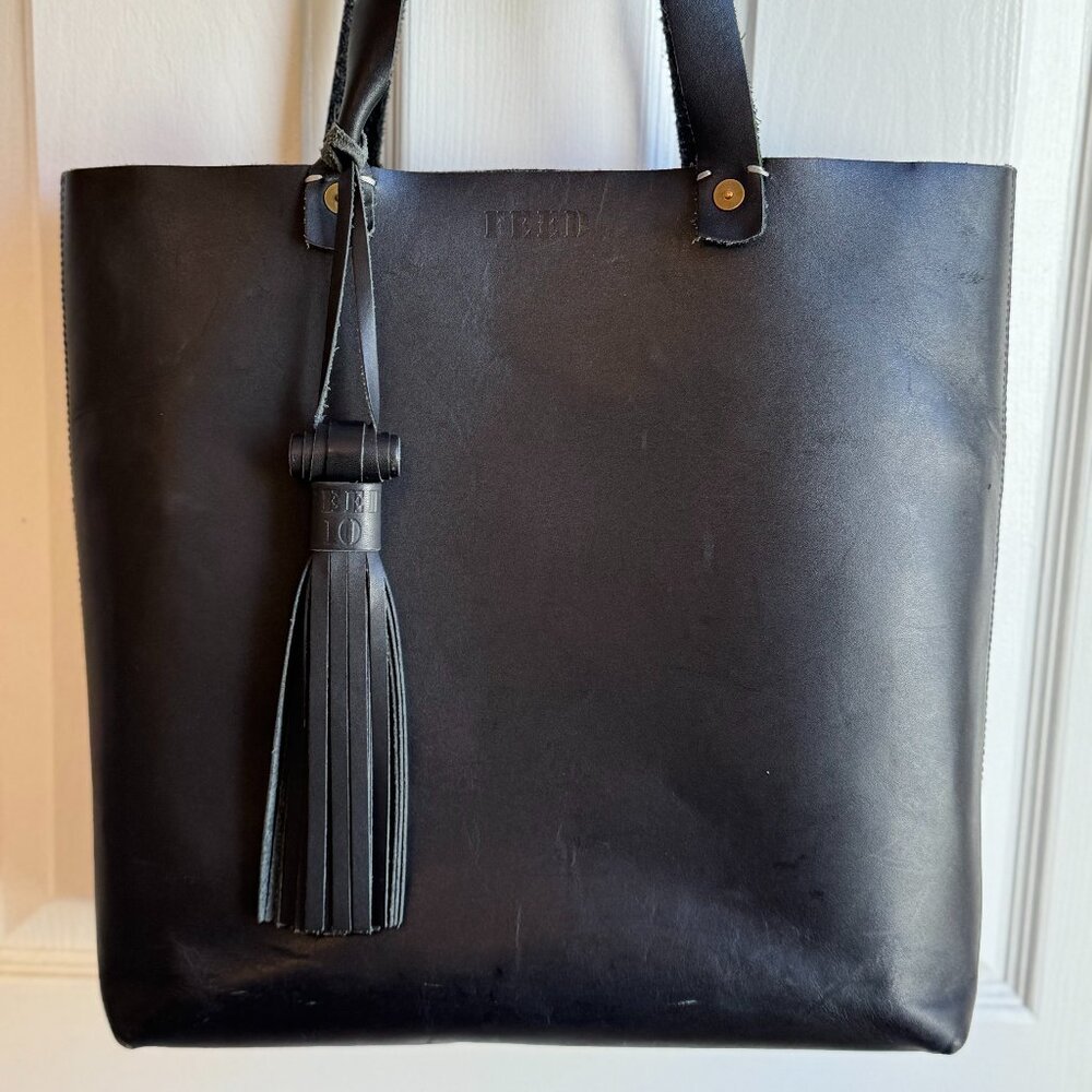 FEED Large Black Leather Tote Bag